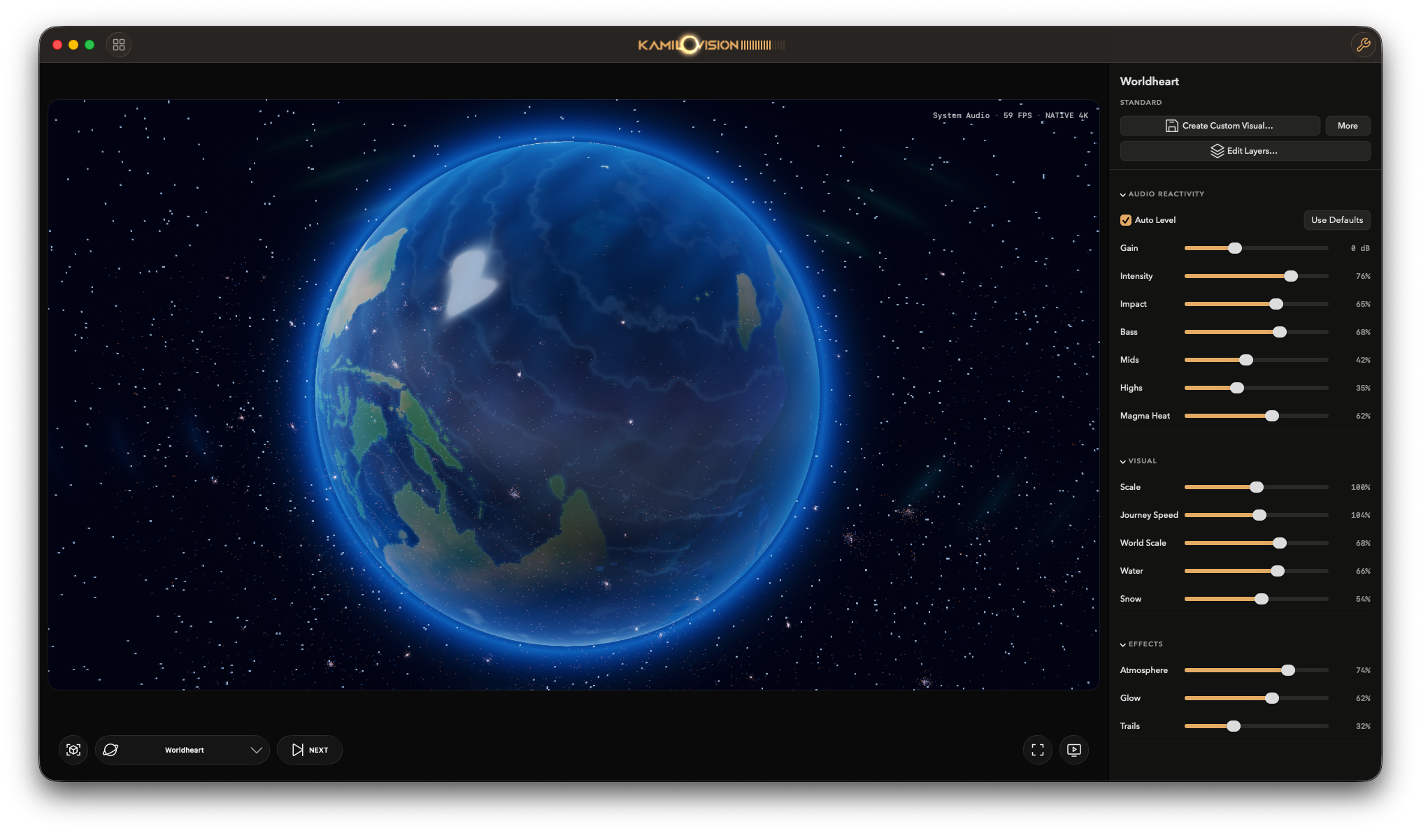 Kamilovision showing Worldheart with its audio reactivity and visual customization controls open
