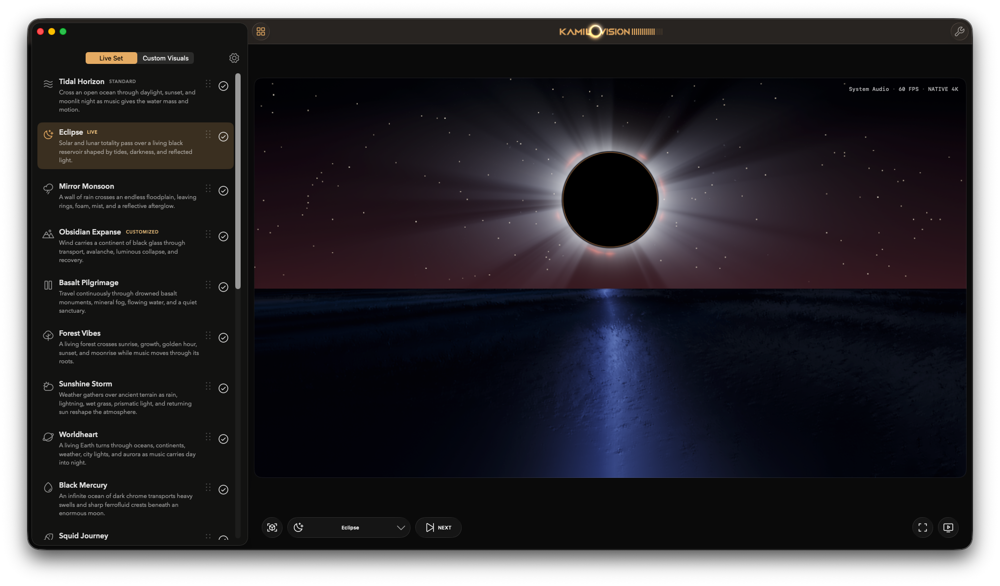Kamilovision with the ordered visualization list open beside Eclipse